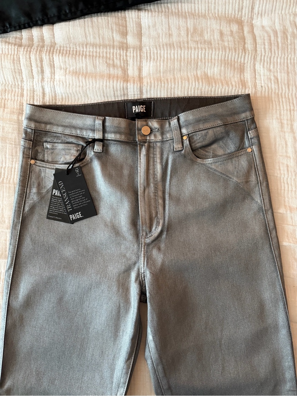 NWT PAIGE Claudine Silver Shimmer Metallic Coated High Rise Flare Jeans - Picture 8 of 17